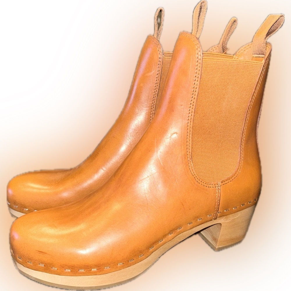 NWOB Loeffler Randall Annabelle Tan Leather Chelsea Boots Wood Clog Block Heel 7 - Picture 5 of 12